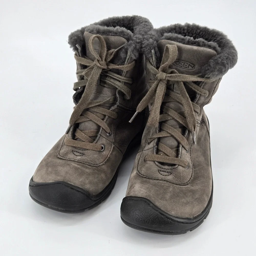 Keen Presidio Black Olive Leather Shearling Winter Hiking Bumper Boot Women Sz 6